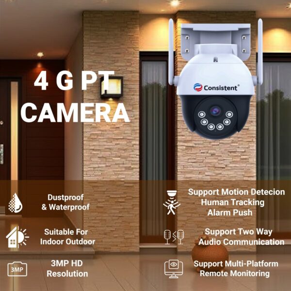 Consistent 4G PT Camera, 3MP HD Resolution with Two Way Audio Communication, Resolution Video, 4G Sim Card Support, 2-Way Talk, Human Body Detection, Full-Color Night Vision (CT-CM-3MP4GPT)
