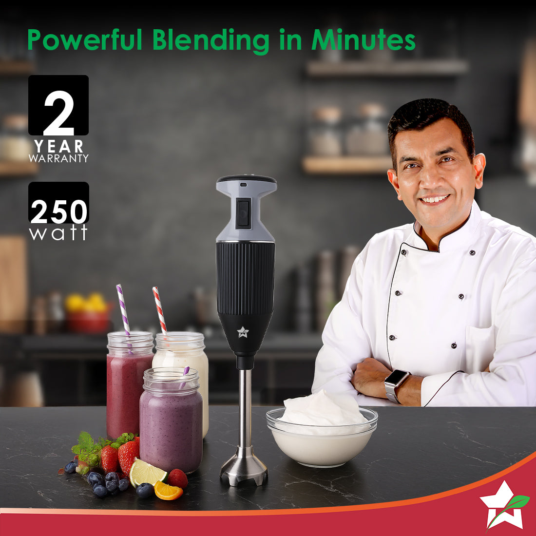 Prima Plus Electric 250W Hand Blender | Portable | Hot & Cold Blending | Food Grade SS Blades | 2 Speed Button | 3 Removable Blades for Blending, Whisking, Chopping | Make Puree, Baby Food, Soup, Smoothie | Wall Mount Holder | 2 Years Warranty | Black - Image 2