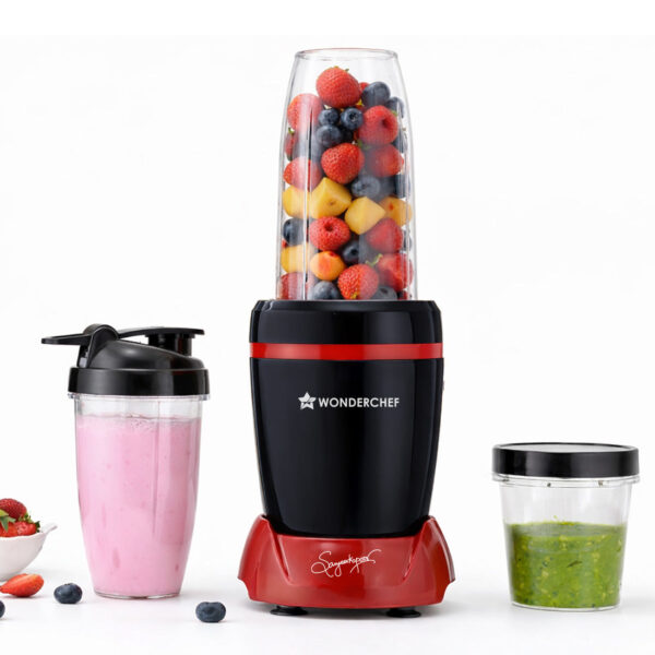 Nutri-Blend Turbo 750W Mixer Grinder Blender Smoothie Maker, 22000 RPM, 3 Jars, Stainless-Steel Blades, Sipper Jar & Lid, 2-Yr Warranty, FREE Recipe Book by Chef Sanjeev Kapoor, Black & Red
