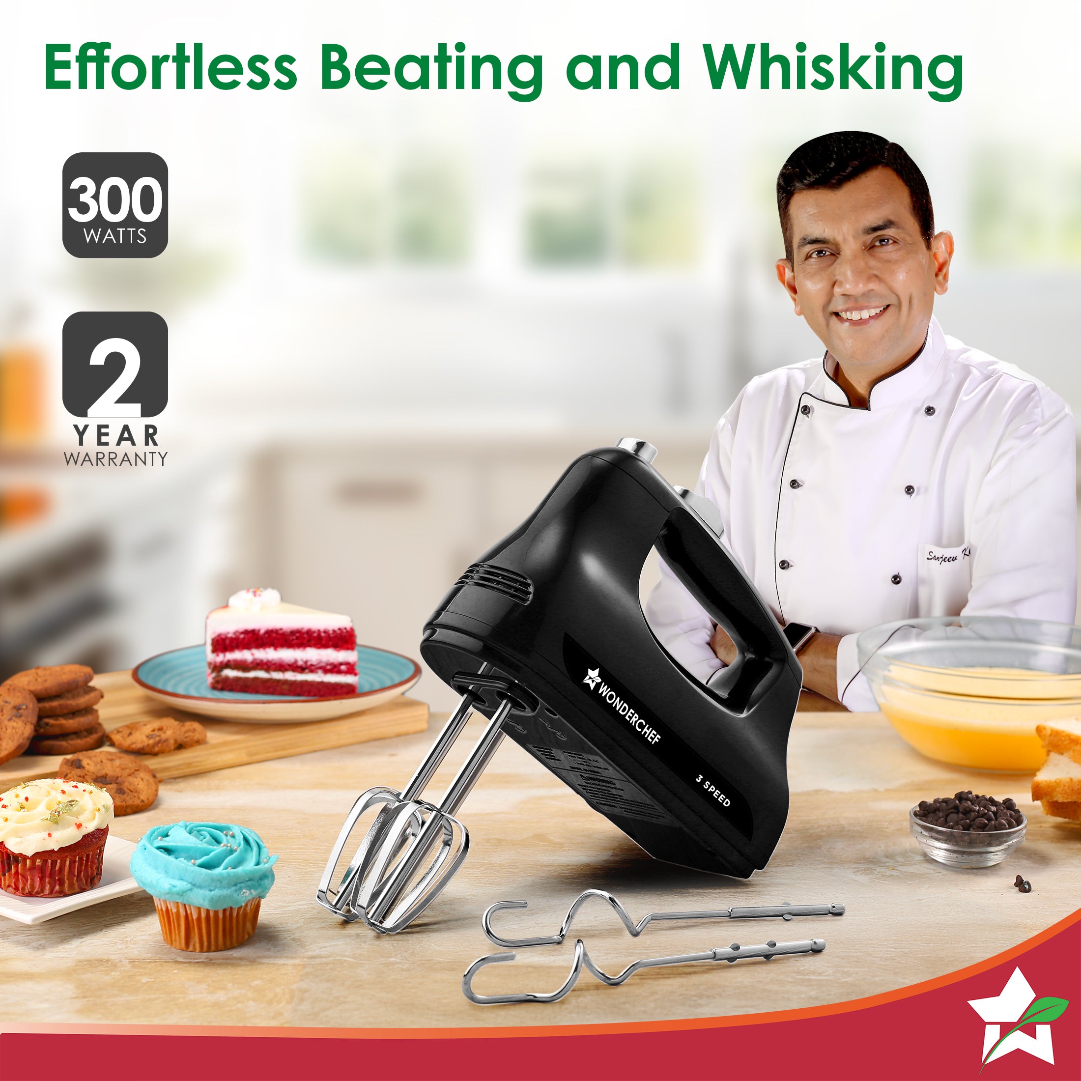Essenza Hand Mixer | 3 Variable Speed Settings | 300W | For Beating, Whisking, Whipping, Kneading | Stainless-steel Beater and Kneader Attachments | Low Noise | Black | 2-Year Warranty - Image 2