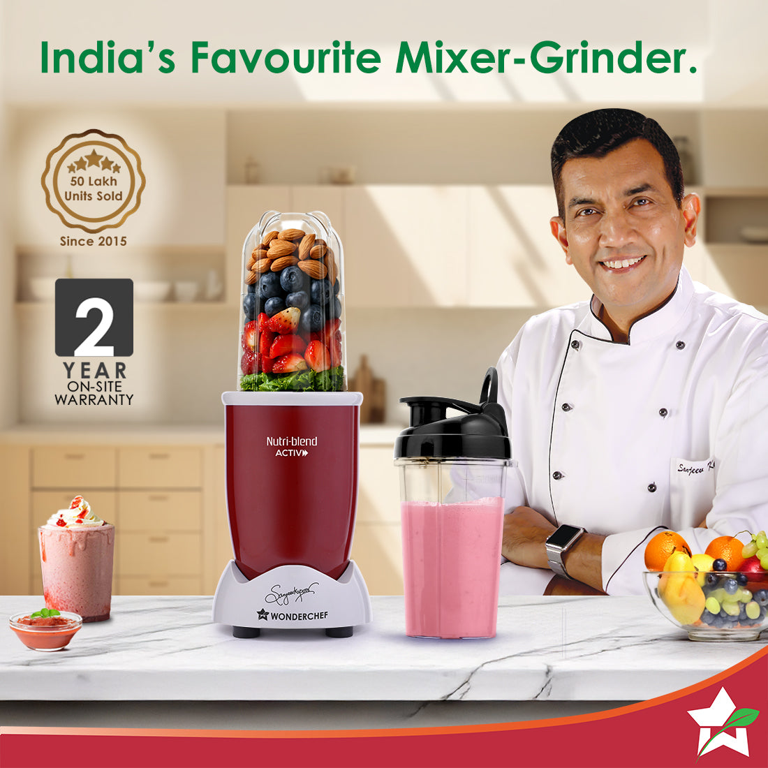 Nutri-blend Activ Mixer Grinder Blender, Smoothie Maker, 500W 22000 RPM 100% Full Copper Motor, 2 Unbreakable BPA Free Jars, SS Blades, 2 Year Warranty, Recipe book by Chef Sanjeev Kapoor, Red - Image 2