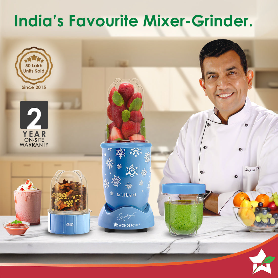 Wonderchef Nutri-blend 500W Mixer Grinder, 22000 RPM Motor, Smoothie Maker, Masala Grinder, Chutney Blender, 3 Unbreakable Jars, Recipe Book by Chef Sanjeev Kapoor, 2 Yr Warranty, Blue - Image 2