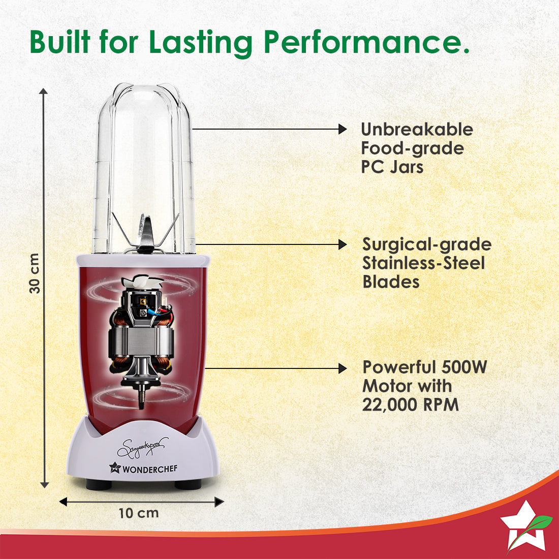 Nutri-blend Activ Mixer Grinder Blender, Smoothie Maker, 500W 22000 RPM 100% Full Copper Motor, 2 Unbreakable BPA Free Jars, SS Blades, 2 Year Warranty, Recipe book by Chef Sanjeev Kapoor, Red - Image 7