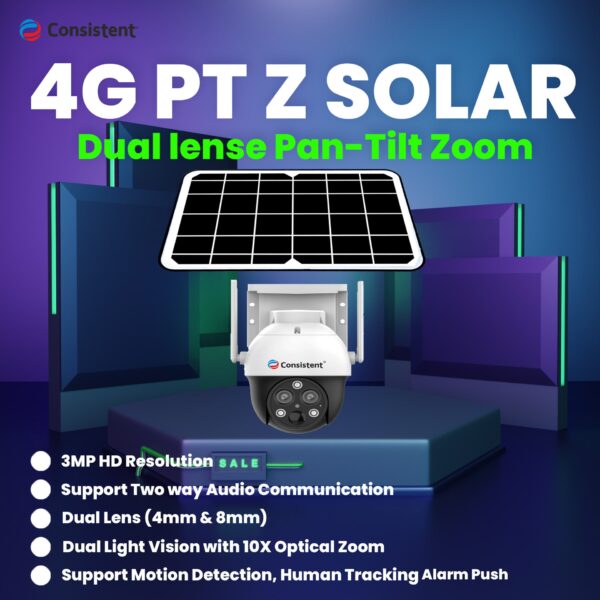 Consistent 4G PT Z Solar Powered Camera| 4G SIM | IP66 Waterproof | 2-Way Audio | Outdoor Surveillance for Agriculture,Construction Site,Farm,Garden etc (Solar Dual Lens)