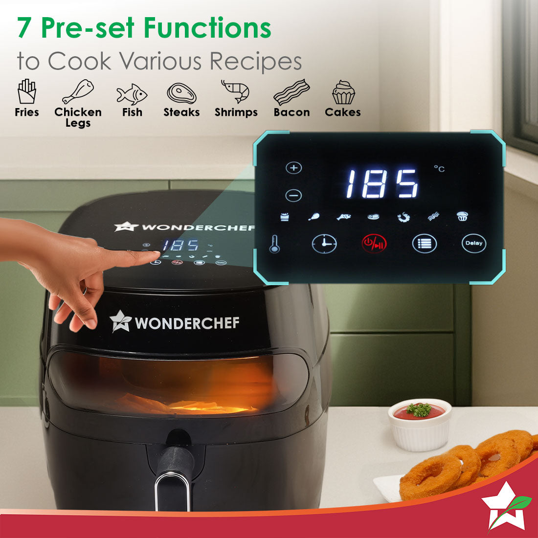 Wonderchef Renewed Swift Digital Air Fryer with Window | 1350W, 6 Litres | Rapid Air Technology | 7 Pre-set Functions | Non-stick Basket | Auto Shut-off | Touch Screen | Fry, Bake, Grill, Roast | 1-Year Warranty | Black - Image 4
