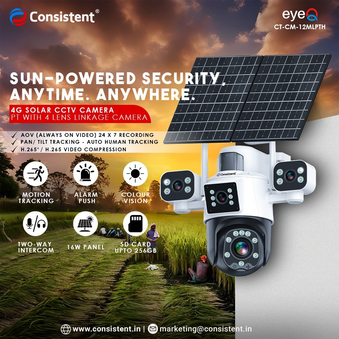Consistent 4G Solar CCTV Camera with 4 Lens Linkage PT (Model: CT-CM-12MLPTH)